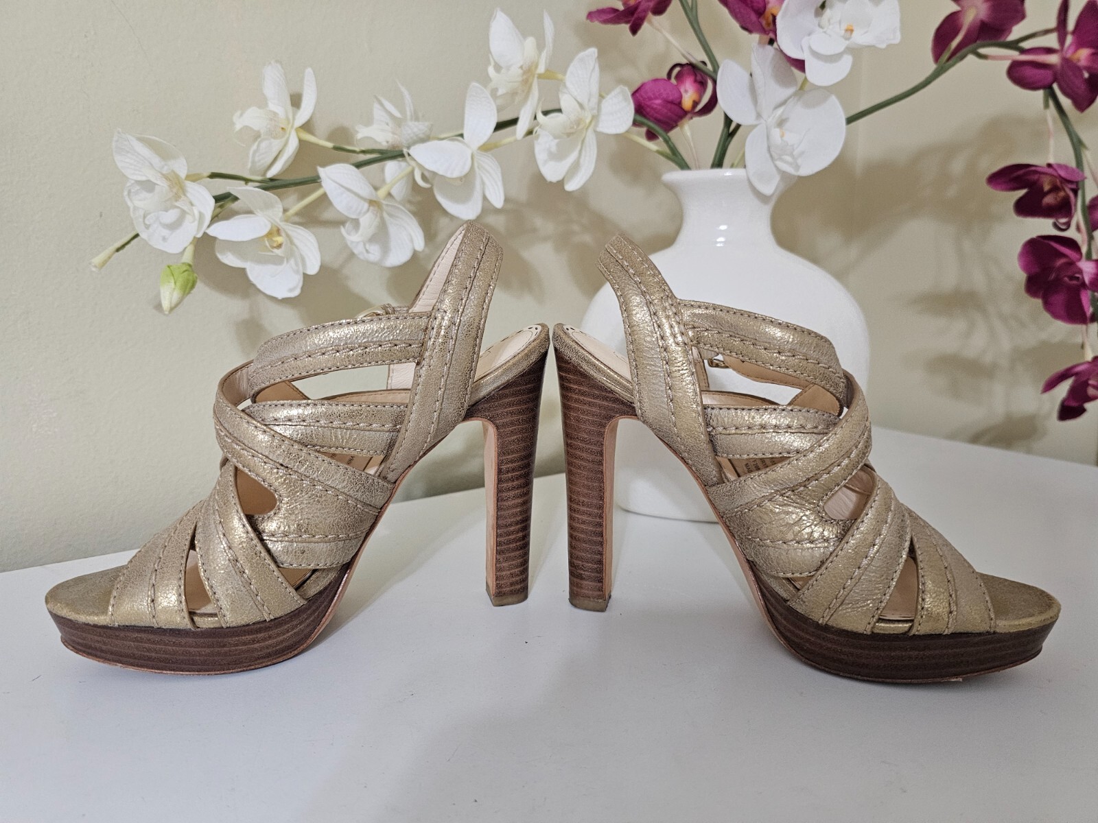 COACH Brynne Brushed Gold Metallic Leather HighHeel Platform Strap Sandals Sz.7B