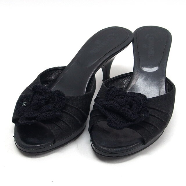 CHANEL Camellia Coco Mark Mule Sandals Black Heels Fabric Leather Women’s 23.5cm