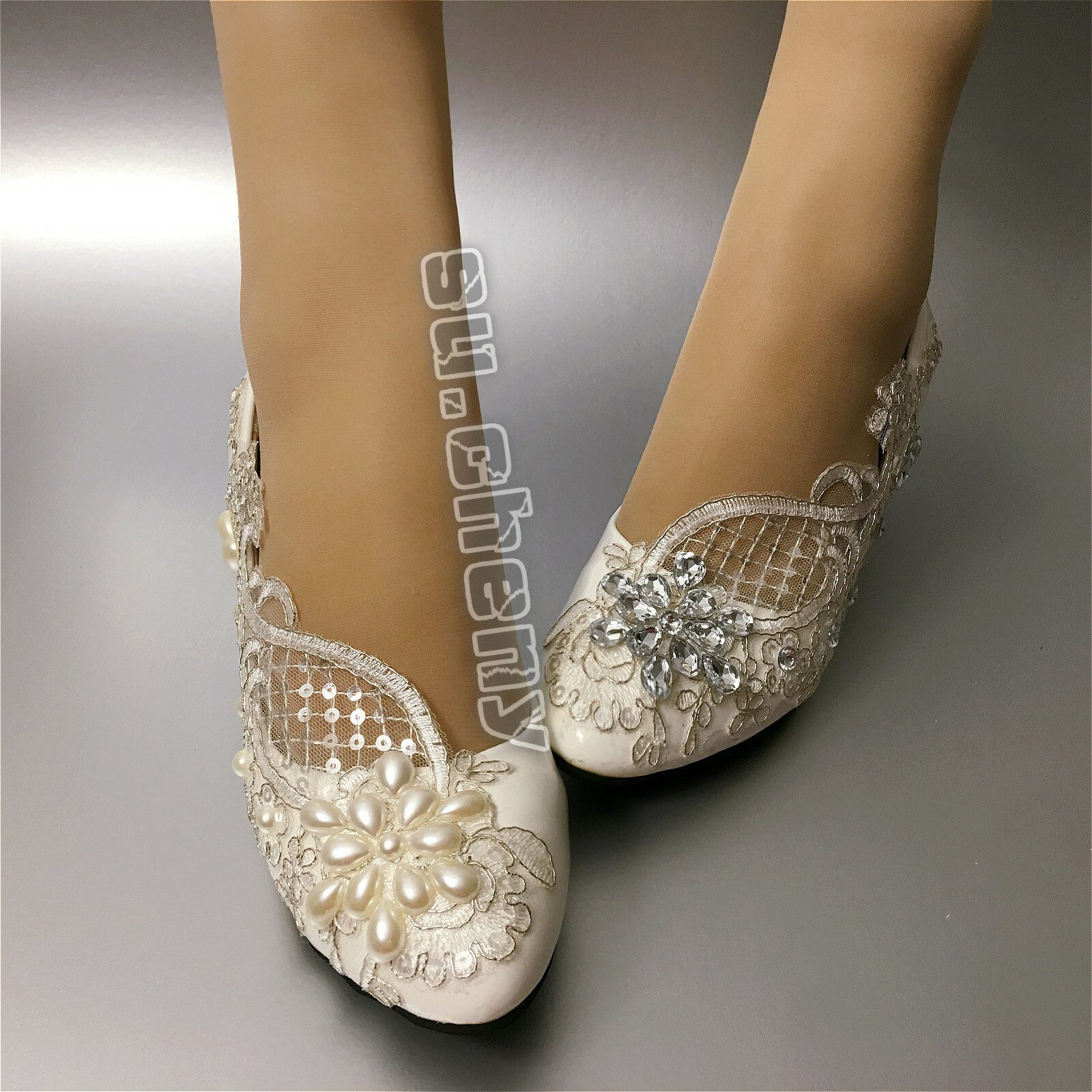 su.cheny- Lace white ivory crystal flats low high heel pump Wedding Bridal shoes
