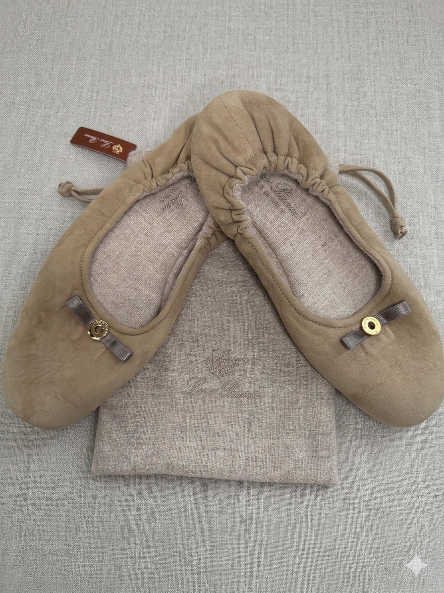 New Loro Piana Suede Ballerina Slippers 100% Cashmere Lined + Travel Pouch 38