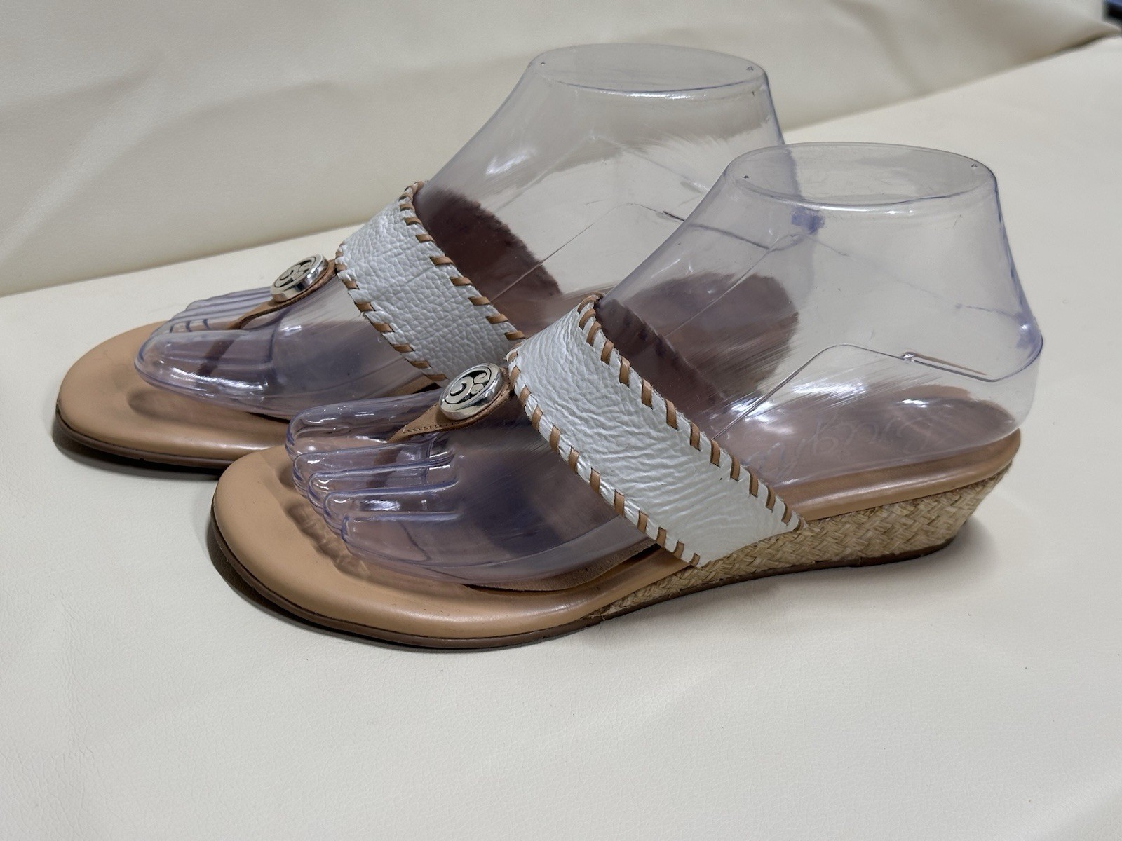 Brighton Lia Dem Wedge Sandals size 6.5 White Upper Leather Thong Tan Footbed