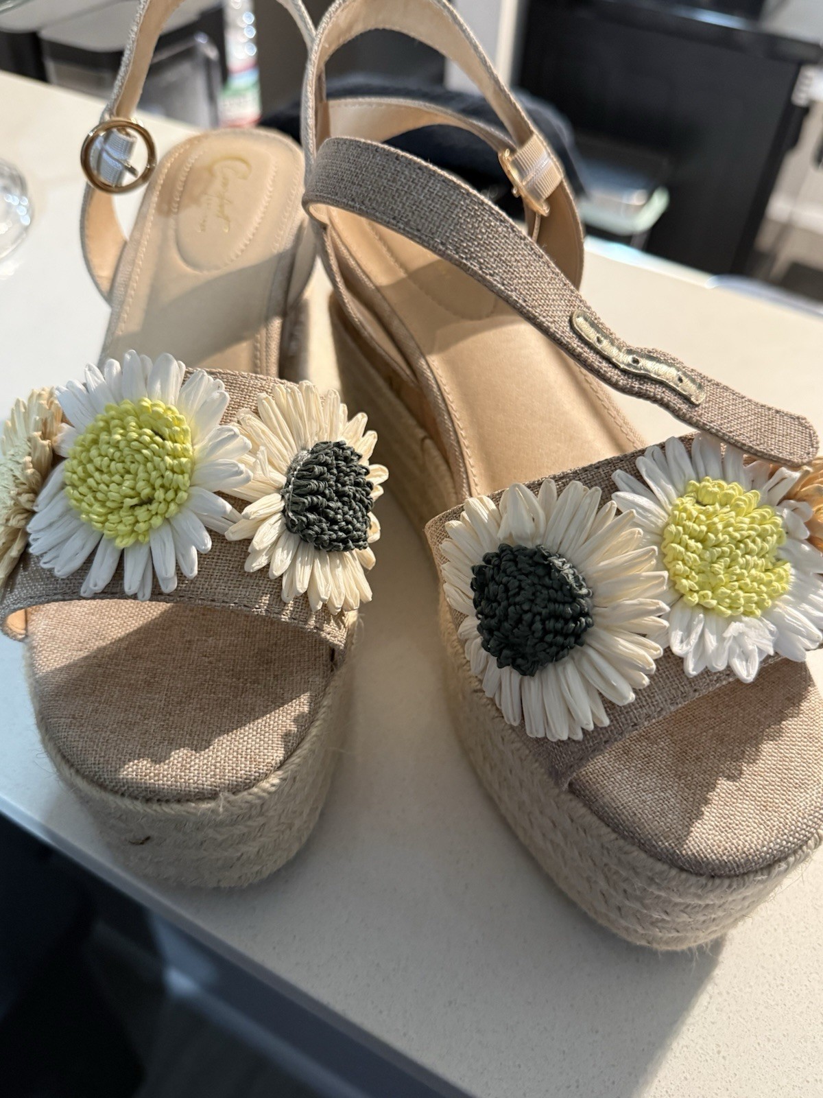 Nude Straw Flower Woven Platform Wedge Sandals with Ankle Strap