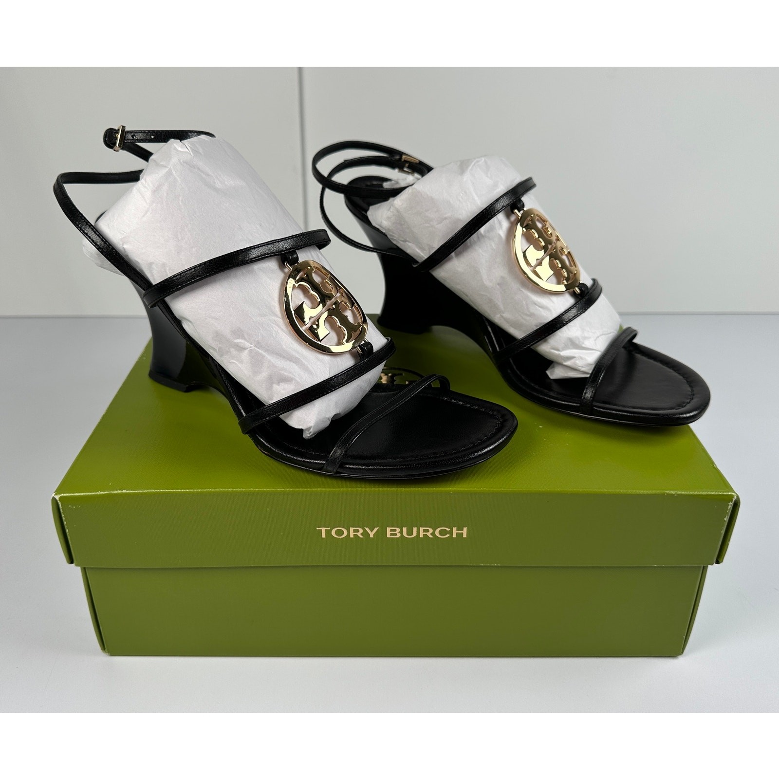 Tory Burch Capri Miller Leather Wedge Sandals Black Size 8 NIB #06S