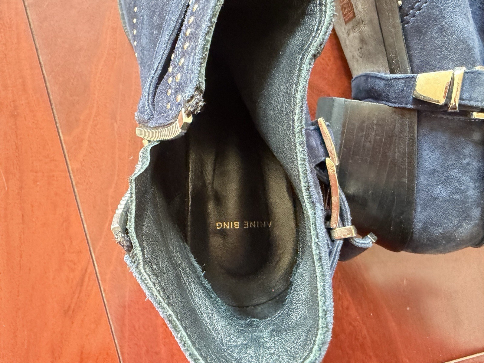 Anine Bing Bianca Navy Suede Studded Motto Ankle Boots Booties 37 US 7