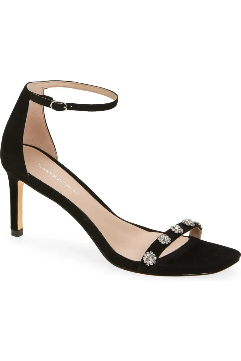 STUART WEITZMAN Justina 75 Black Suede Strappy Sandal w/Crystals 9 $550 EPOC!
