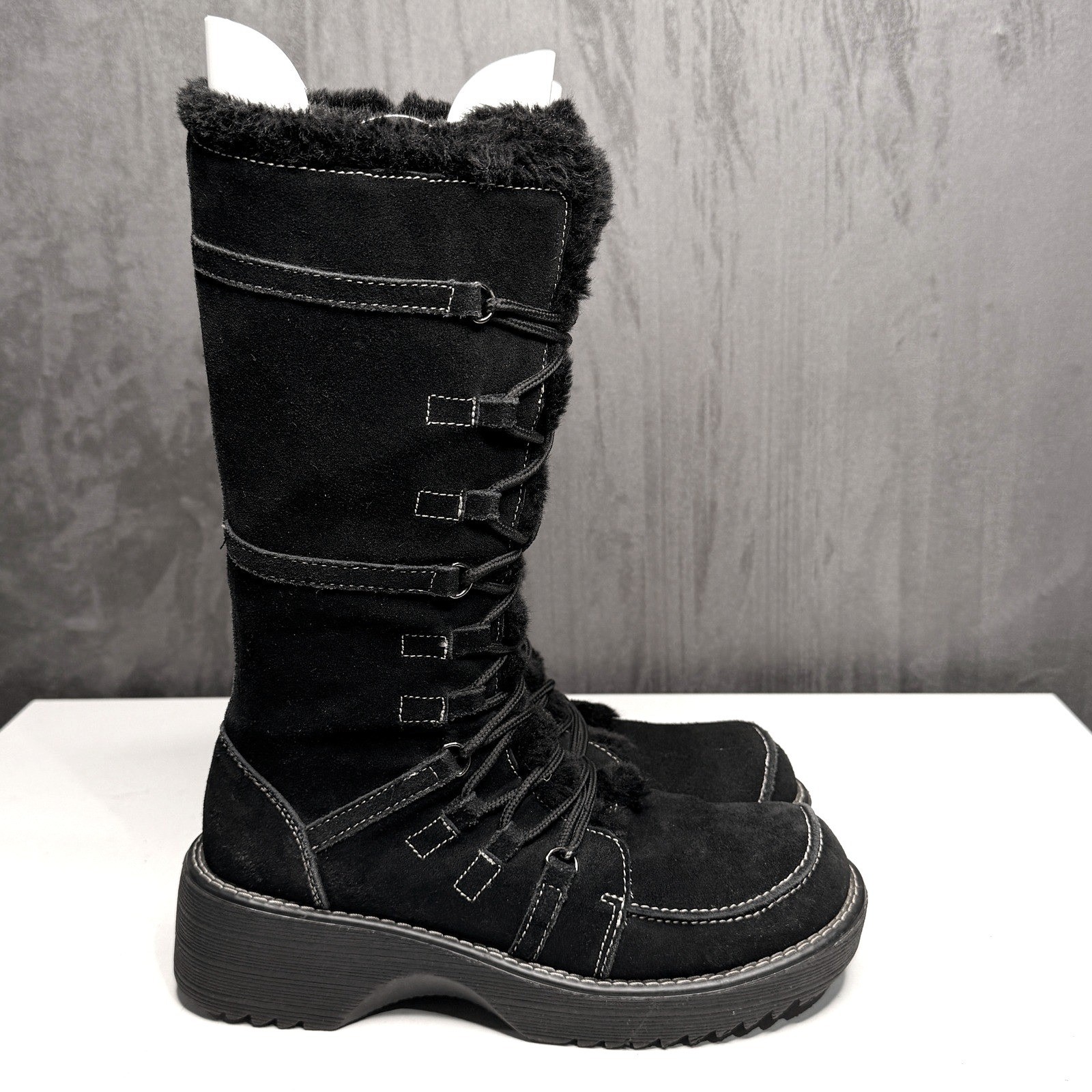 Vtg Y2K Boots Womens 40 Black Suede Faux Fur Platform Chunky Heel Emo Whimsigoth