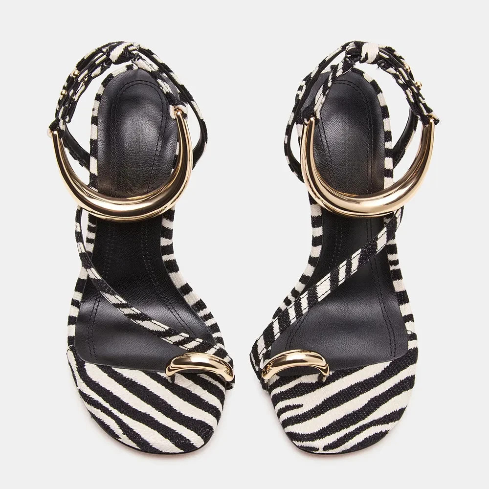Black and White Zebra Print Toe Ring Ankle Strap Women’s Heel Sandals FSJ2025050
