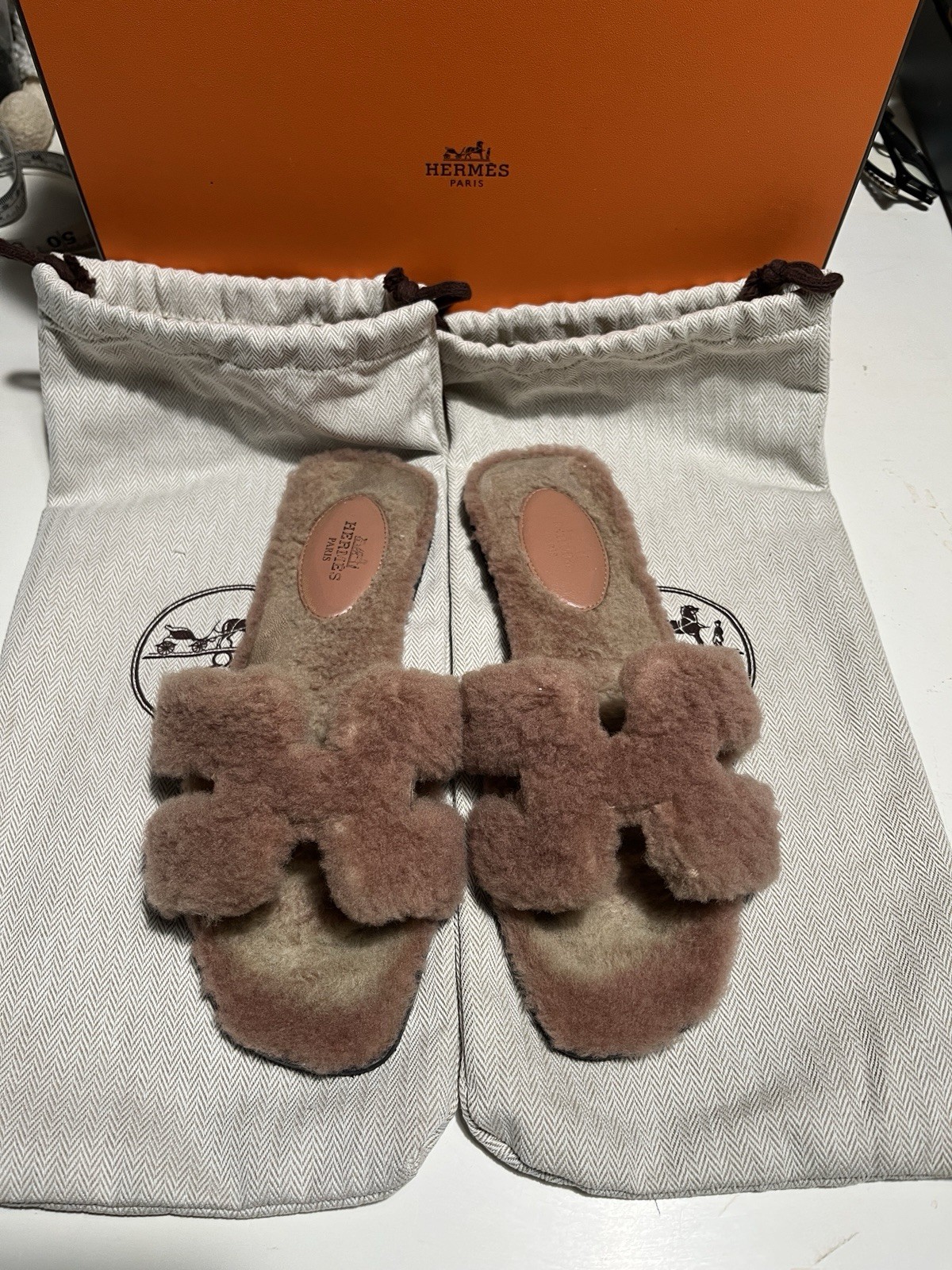 Hermes Teddy Shearling Fur Oran Sandals Size 36 With Box And Bags