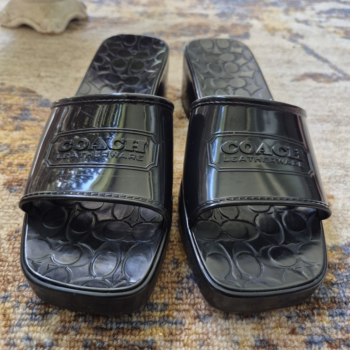 Coach Women’s Black Logo Slide Sandals Slip-On Block Heel Straps US 9 BRAND NEW