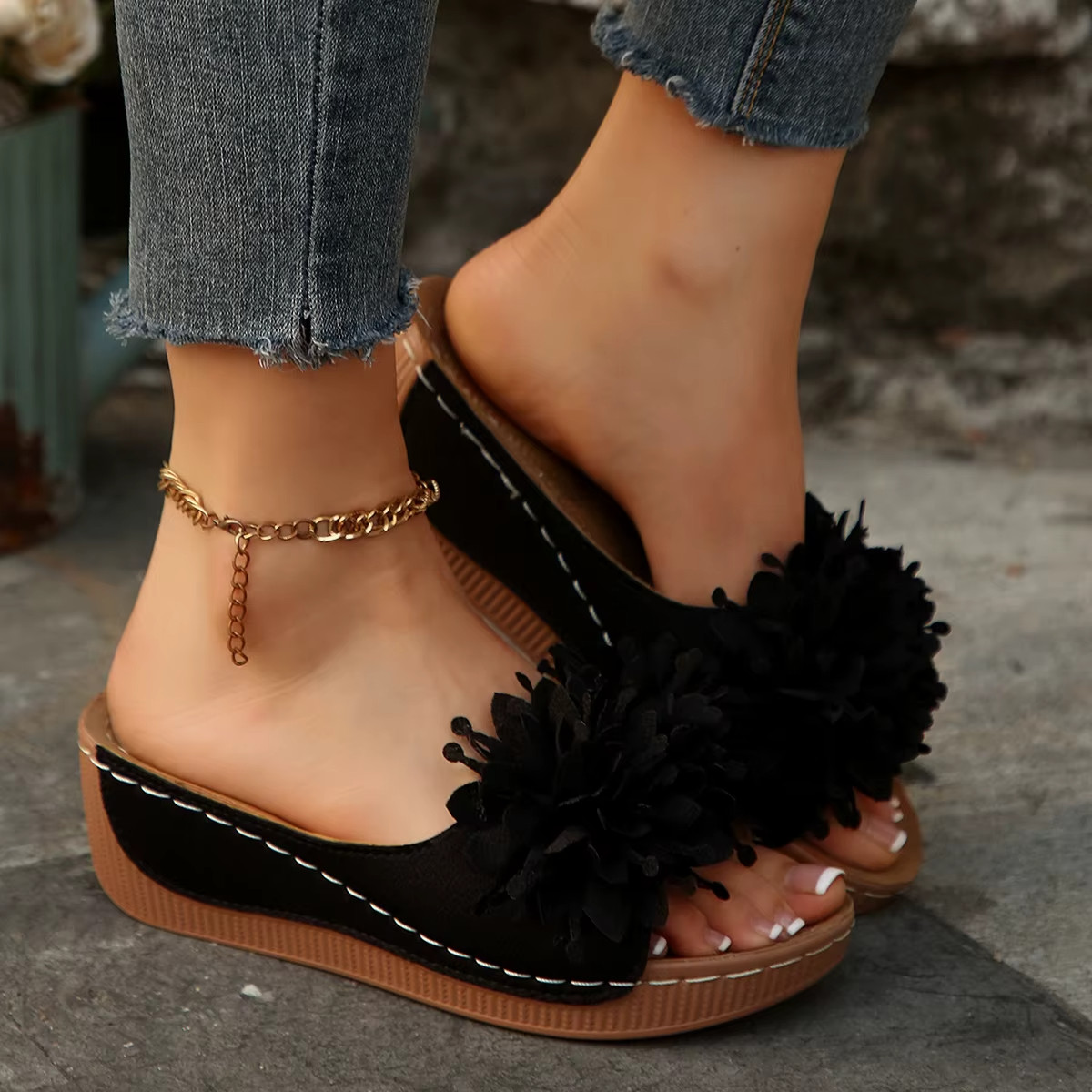 Women’s Flower Wedge Sandals Open Toe Slip-On Summer Platform Slides Casual