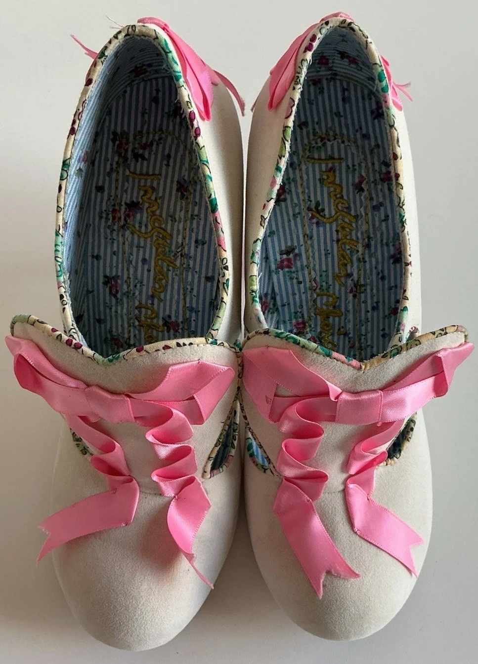 Irregular Choice Women’s Ivory Pink Faux Suede Bow Slip On Pump Heels 8 B