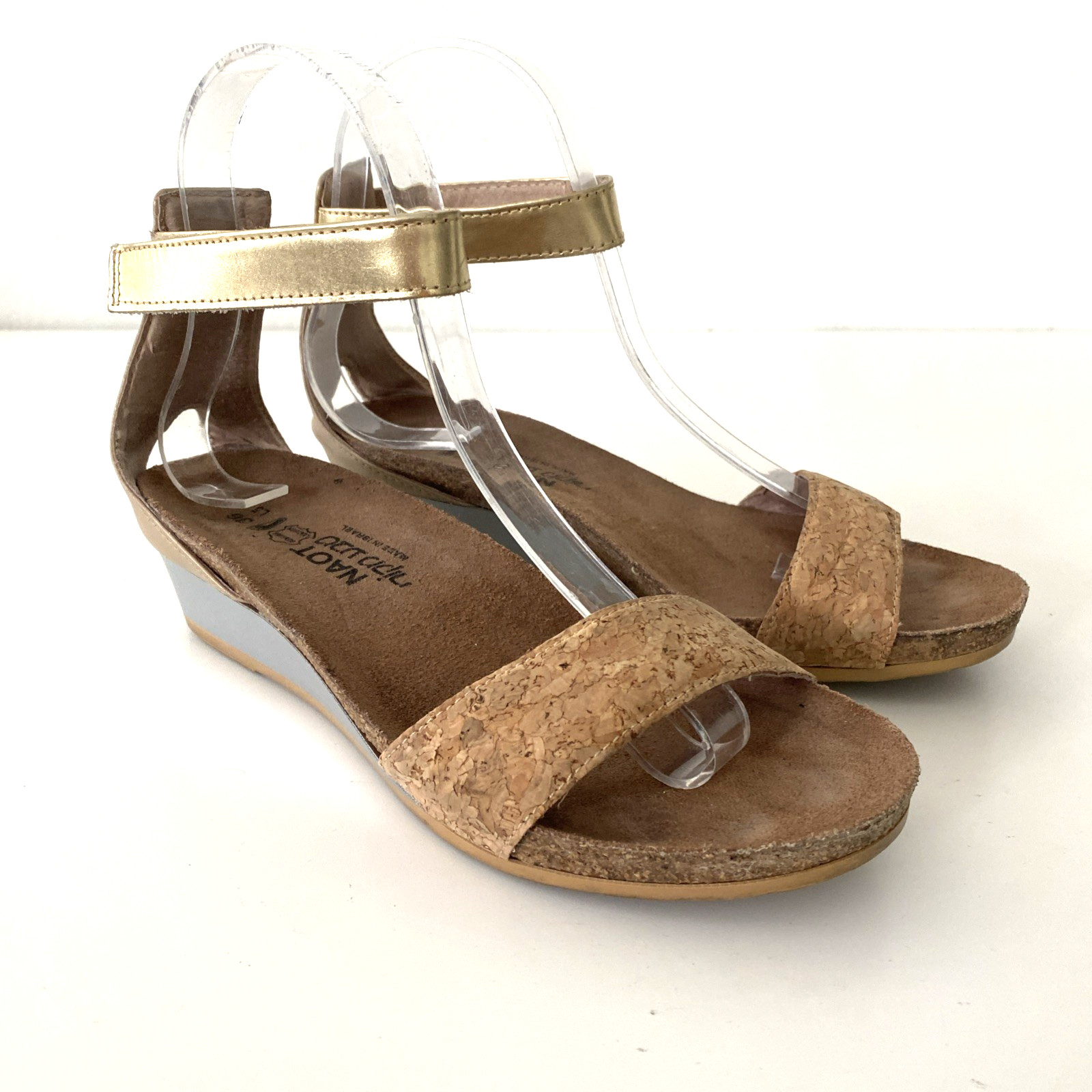 Naot Pixie Low Wedge Sandal Gold Tan Cork Open Toe Ankle Strap Comfort 36 5