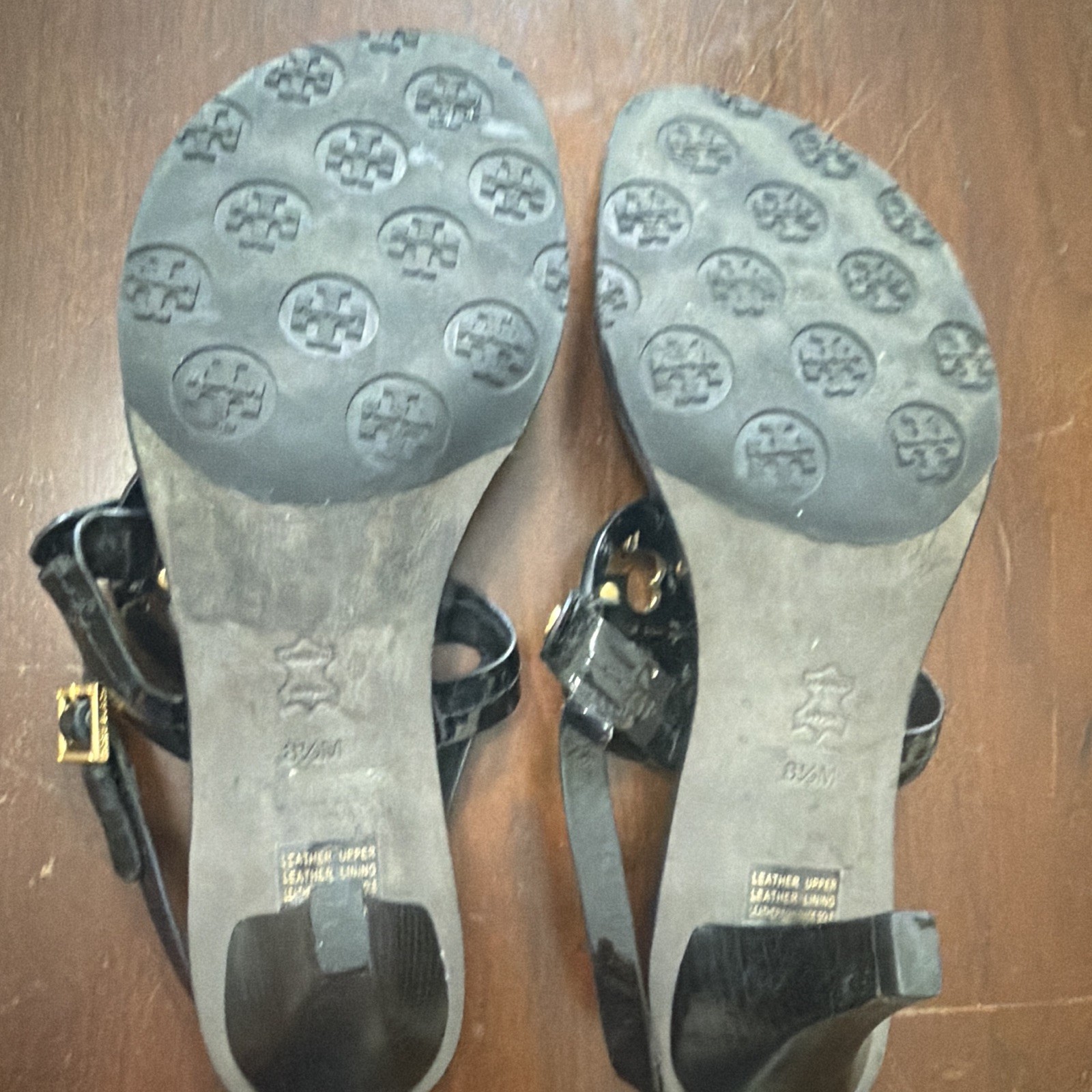Tory Burch Women’s Black Leather Thong Slingback Sandals Buckle Gold Logo AU 8.5
