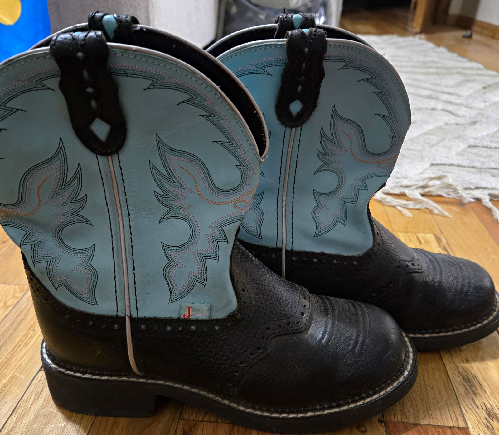 Women’s Justin Western Pull-On Mid-Calf Boots Leather Embroidered Black/Blue 7.5