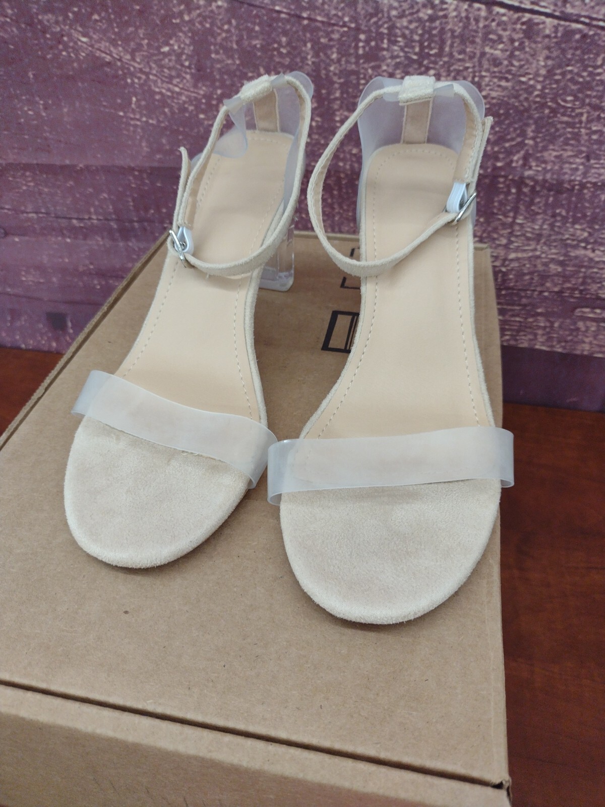 Nude Clear Suede Heels with Ankle Strap, Size 38