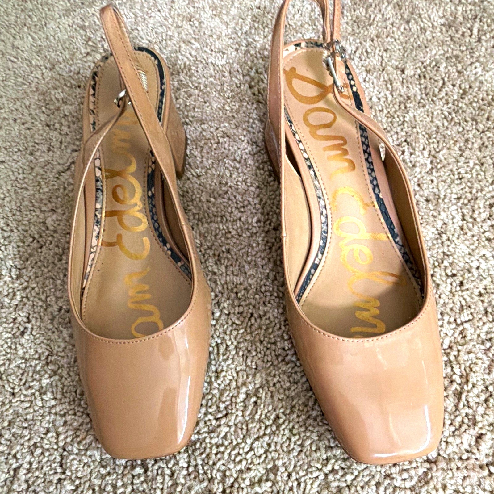 Sam Edelman Women’s Beige Patent Leather Slingback Block Heel Square Toe 11