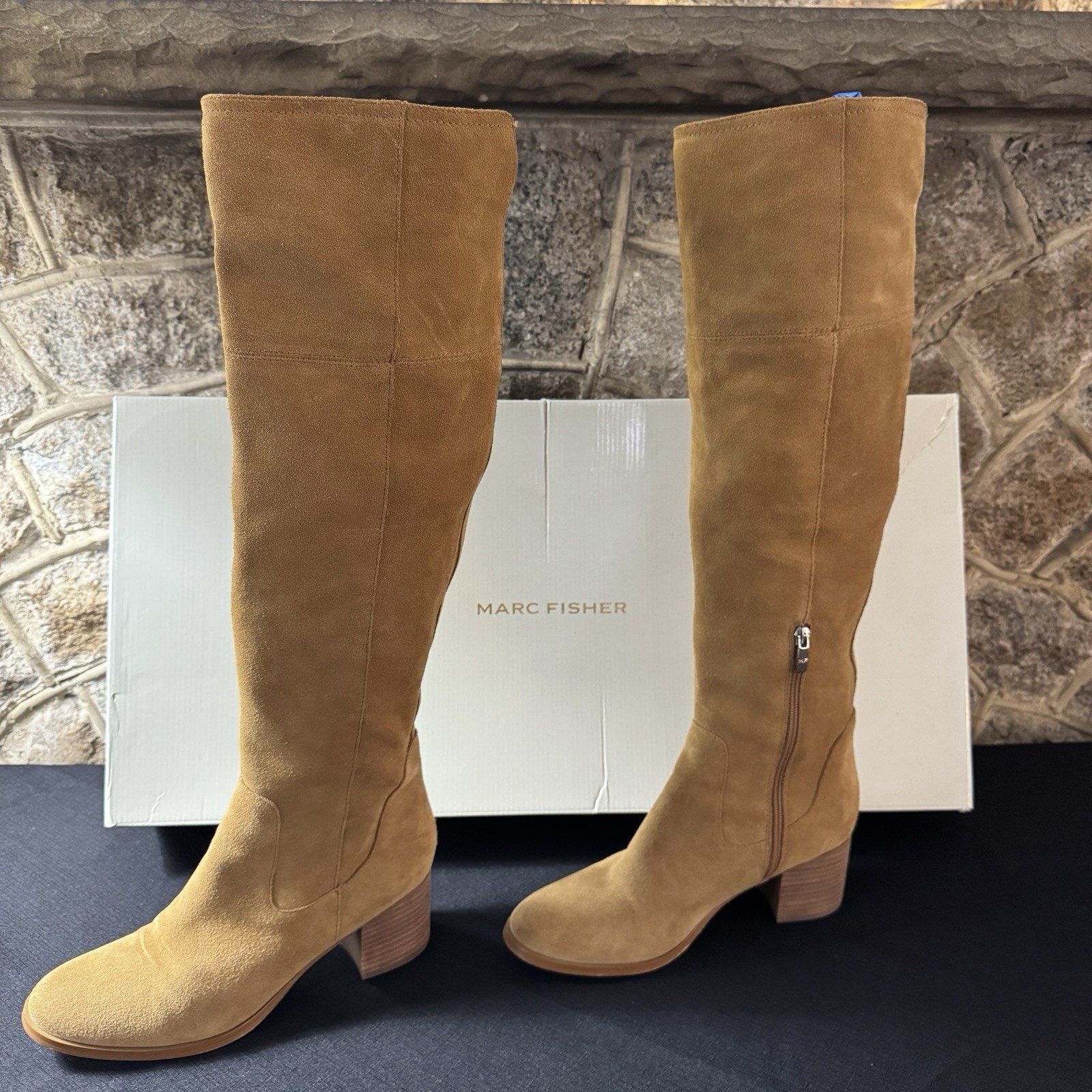 Marc Fisher Tan Suede Over The Knee Boot Size 9 Box 1/4 Zip 19” Shaft 15” Calf