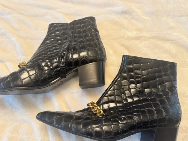 Tom Ford Black Leather Gold Chain Link Ankle Boots, black, size 39