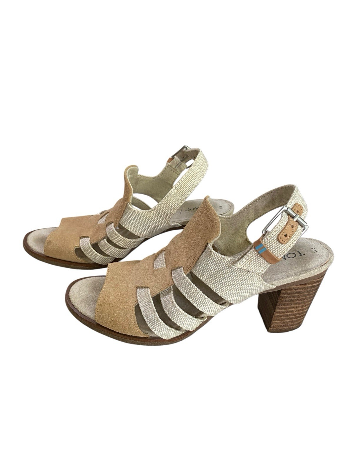 TOMS Majorca Block Heel Sandals Women’s Size 8 Beige Suede Canvas Slingback