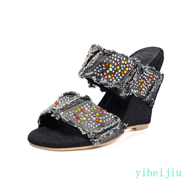 2026 Womens Denim Jeans Rhinestones Slippers High Wedge Heel Sandals Mules Shoes