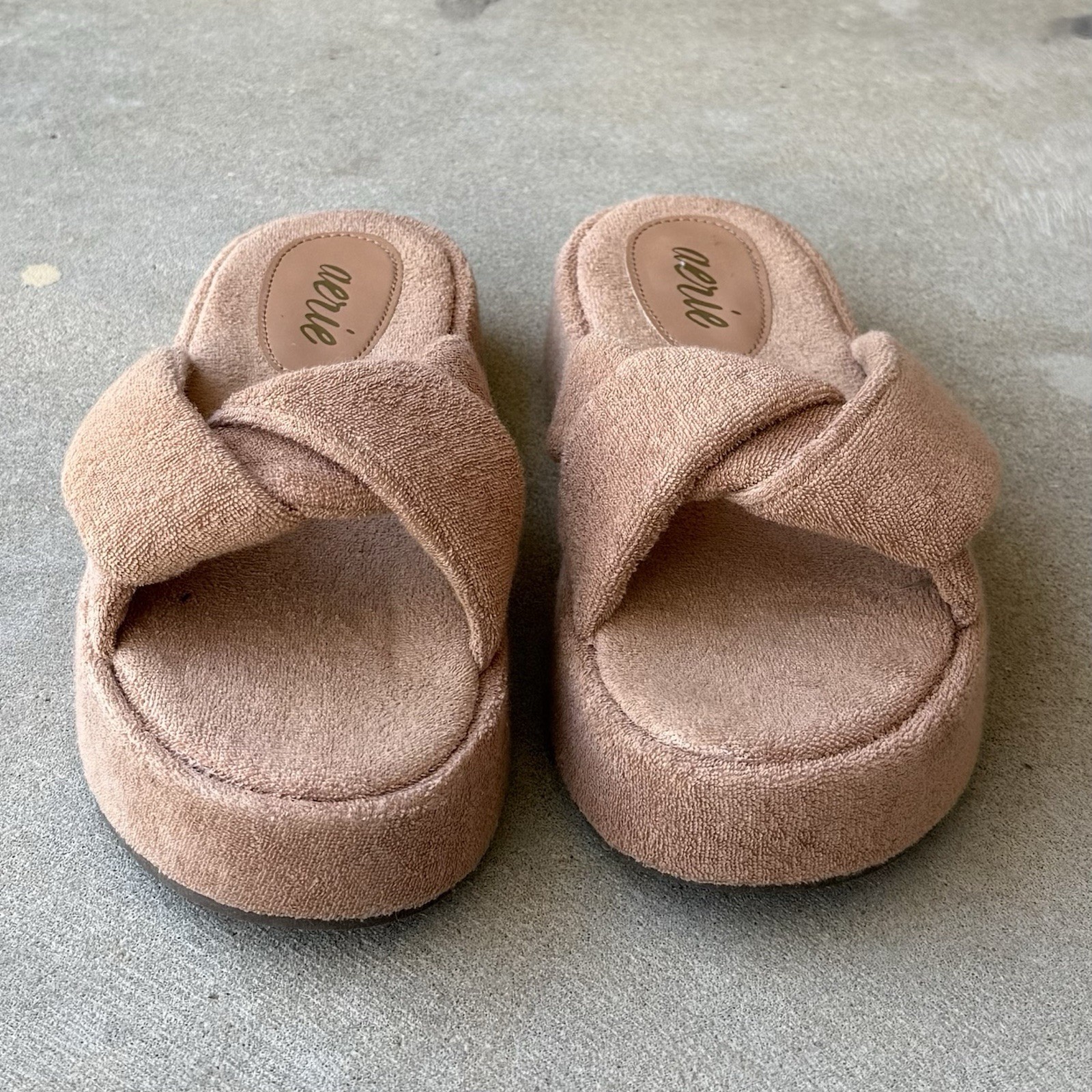 Aerie Terry Twist Platform Slippers Womens Tan Cloth Criss Cross Cozy Lounge 9