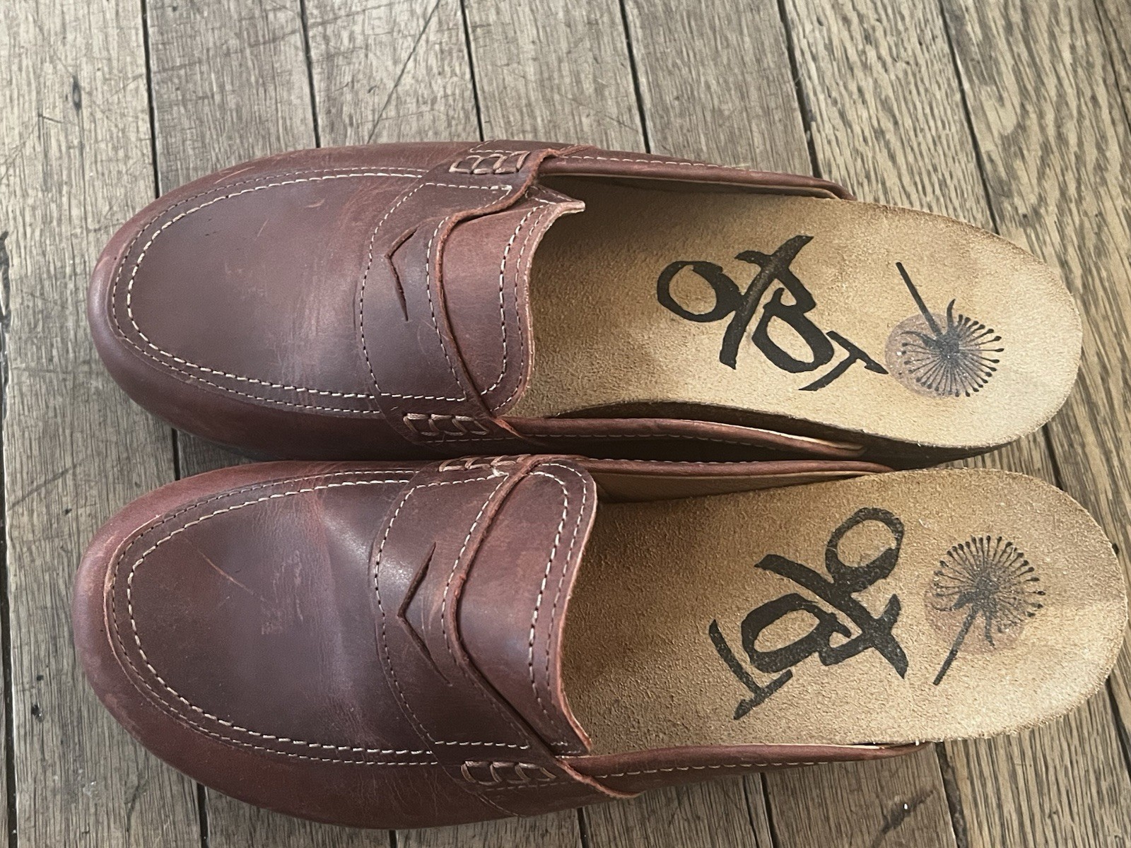 OTBT Homage Leather Penny Loafer Mules Women’s 9M Brown Wedge Clogs Portugal