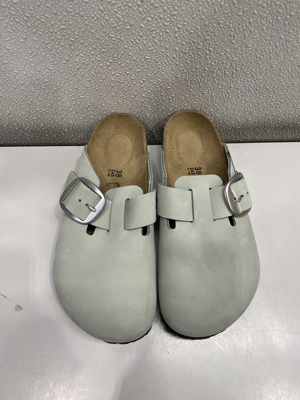 Birkenstock Boston Big Buckle Nubuck Leather Clog Unisex W7, M5 In Pure Sage