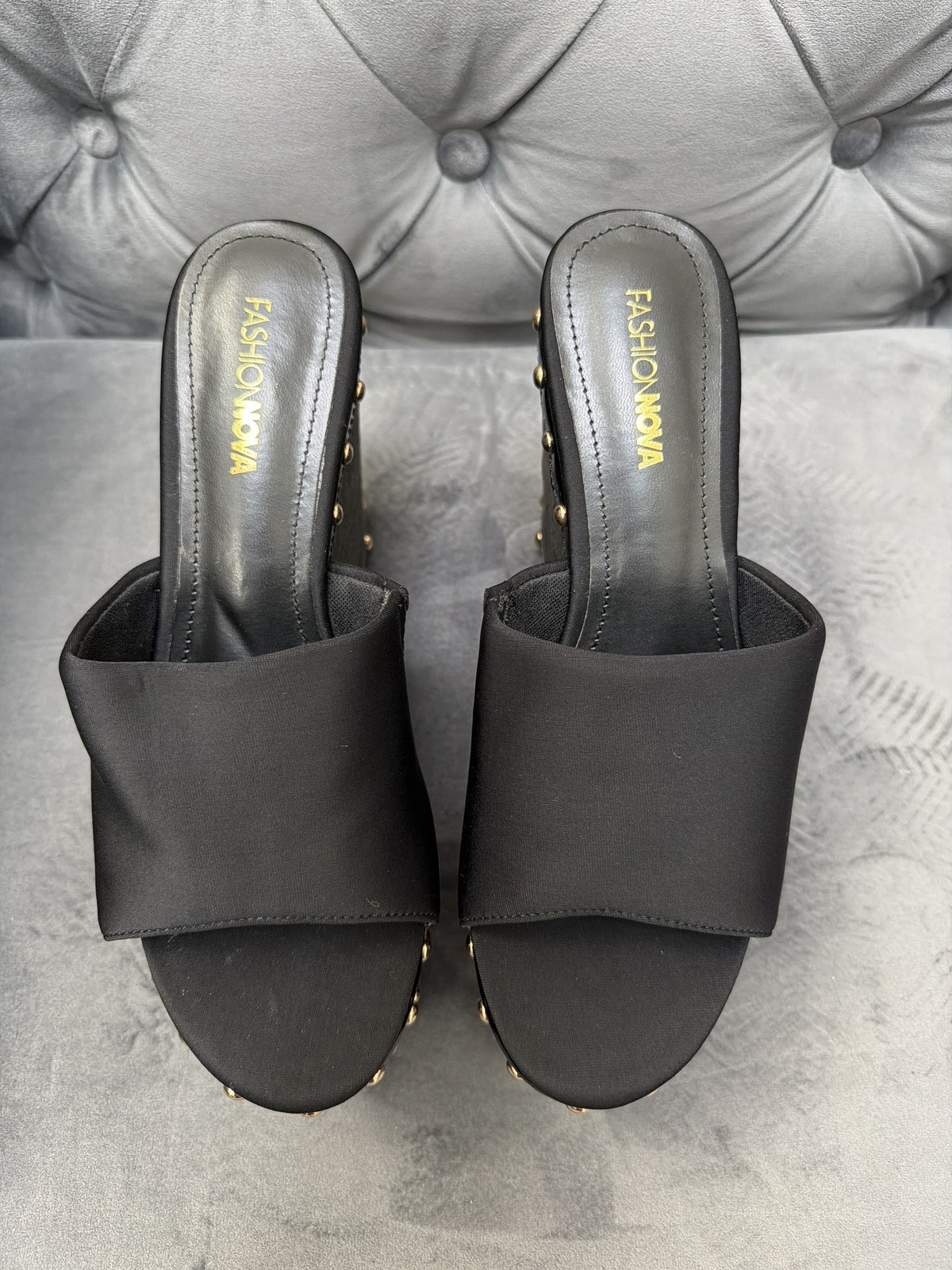 Fashion Nova Black Wedge Mule Studded Platform Heel Size 7