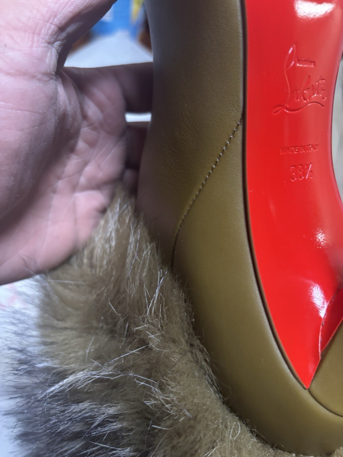 Christian Louboutin Women’s Bronze Leather Yangzee 100 Heels Faux Fur EU 38.5