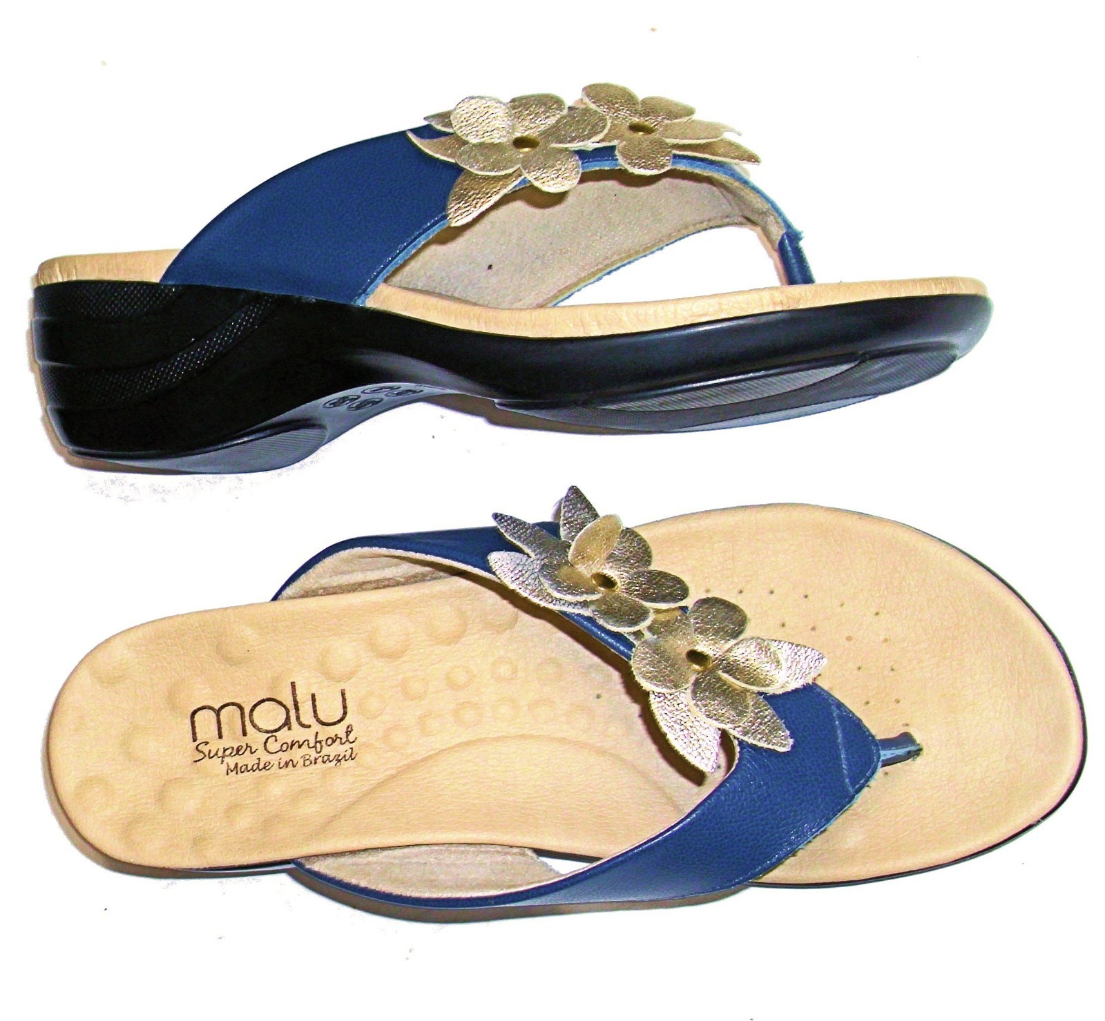 new MALU – BRAZIL 9 Navy Leather Gold FLOWER Wedge Slide Toe Post Thong Sandals