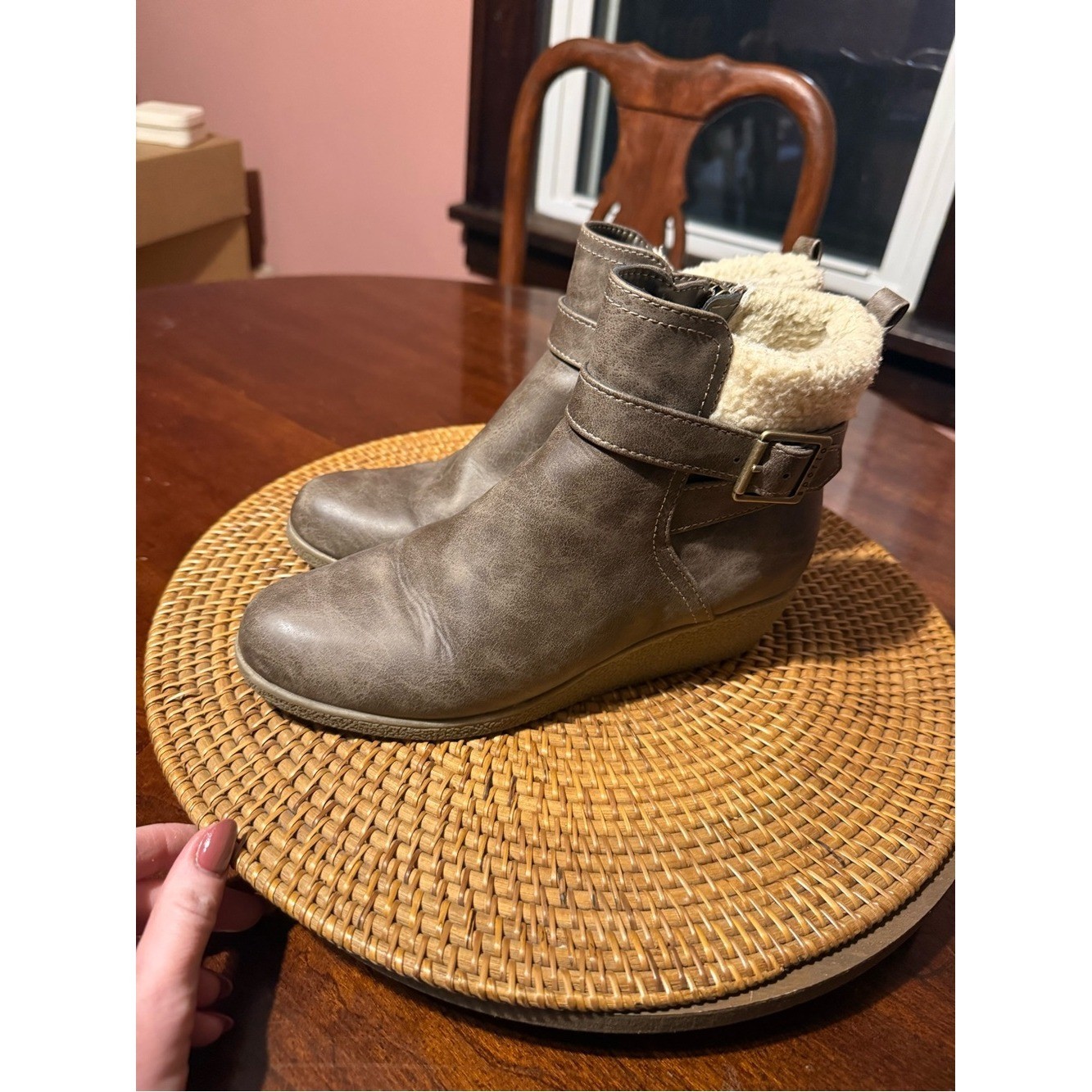 Sporto Taupe Faux Leather Ankle Bootie with Shearling Cuff