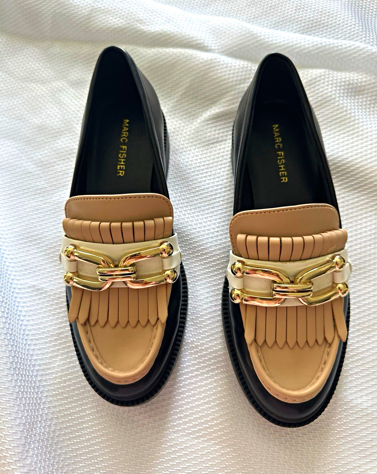 Marc Fisher Black Beige Gold Leather Women’s Slip-On Loafer Flats Almond Toe