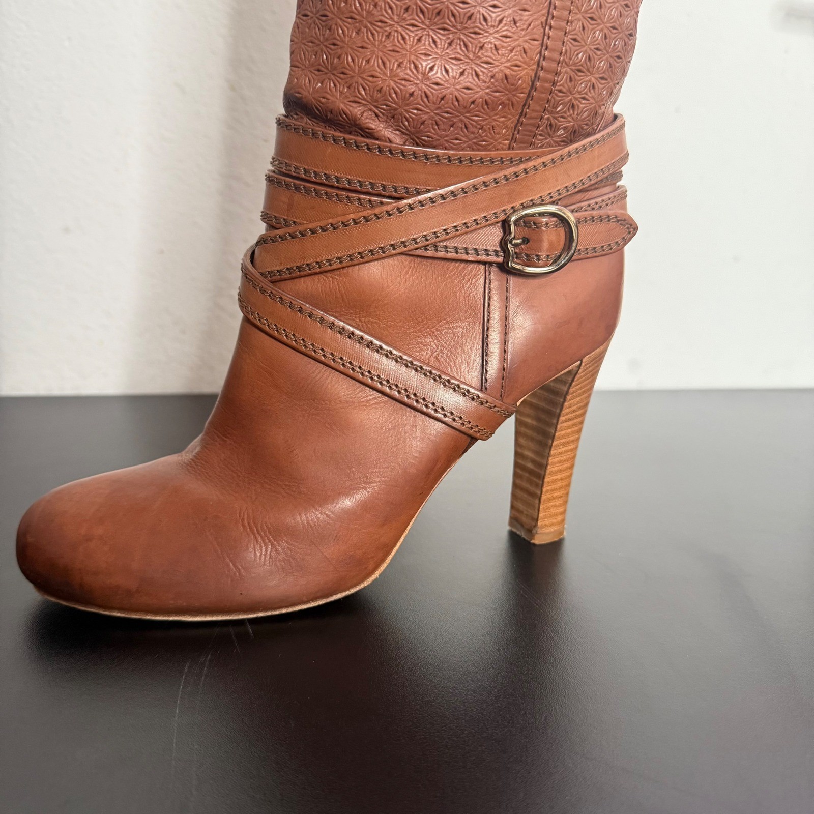 NAVYBOOT Eva Turner Brown Leather High Heel Boots Perforated Cutout Straps Sz 37