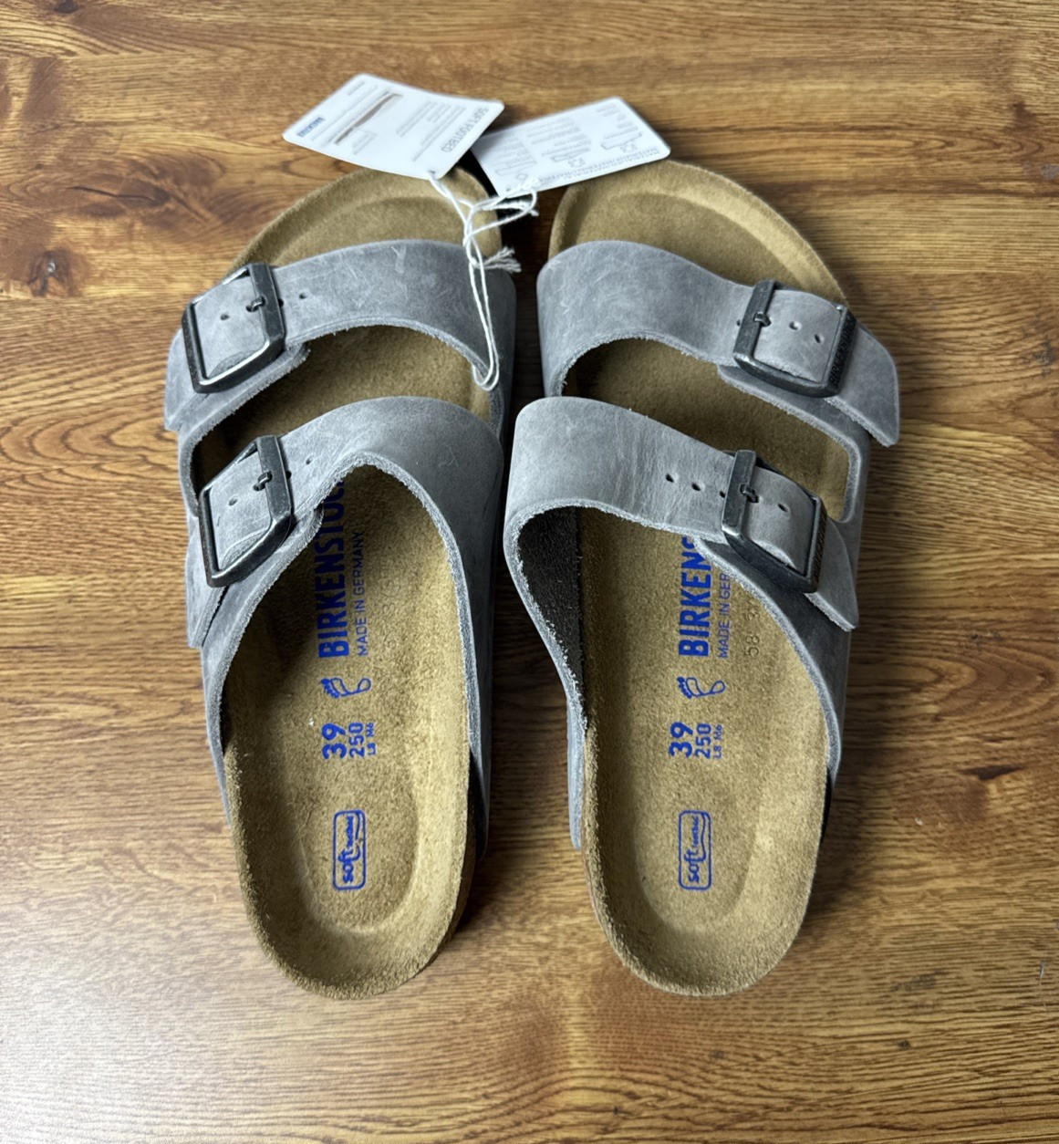 Birkenstock Sandals Unisex Arizona Iron Oiled Leather Slides Soft Footbed M6 W8