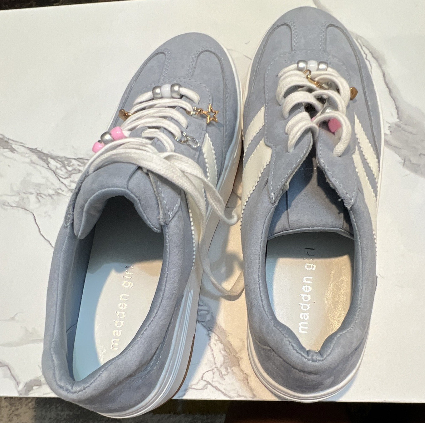 Madden Girl Women’s Blue/White Low Top Lace-Up Suede Sneakers Logo Beaded