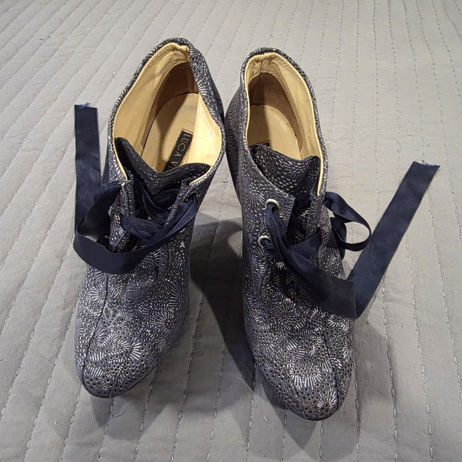 Luka Verdi Italy Rare Model Blue Silver Woman High Heel Ribbon Lace Boots Sz 6