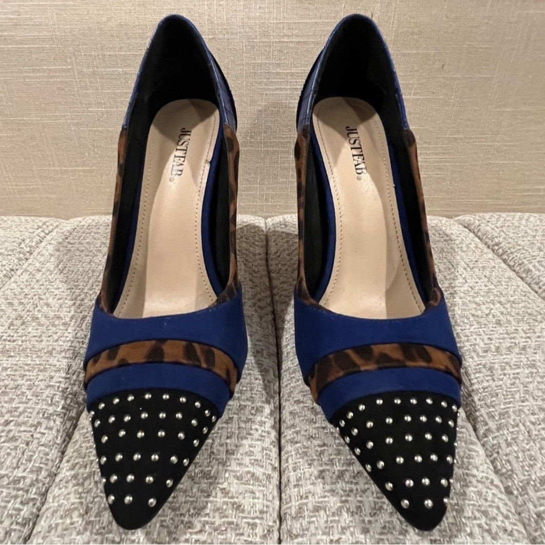 JustFab Women’s Leopard Print Studded Pointed Toe Stiletto Pumps Size 9