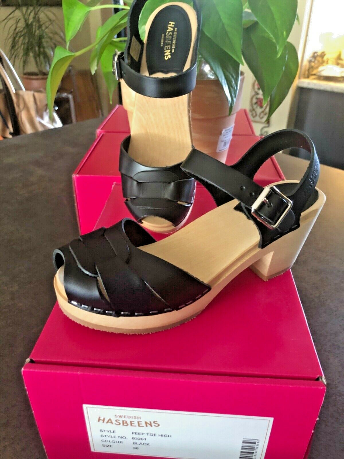 Swedish Hasbeens PEEP TOE HIGH Wood Clog Sandals BLACK Size 36 US 6.5? NEW