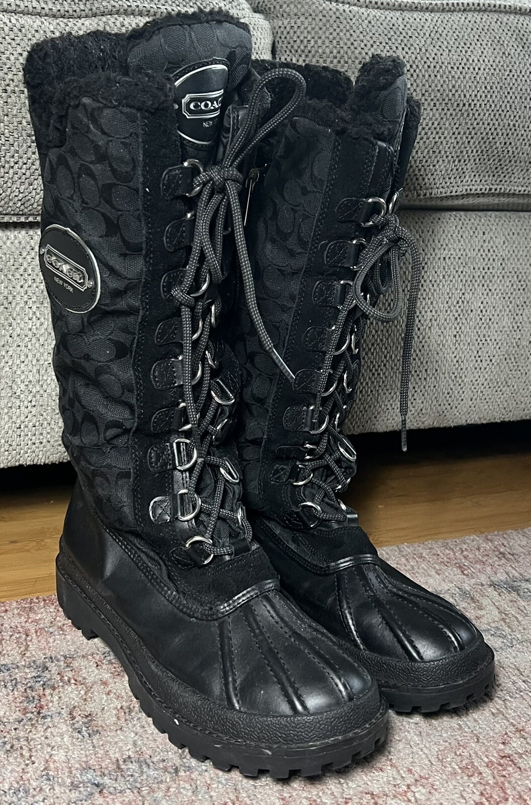 Coach Libby Black Lace Up Zipper Monogram Logo Boots Size 8 B
