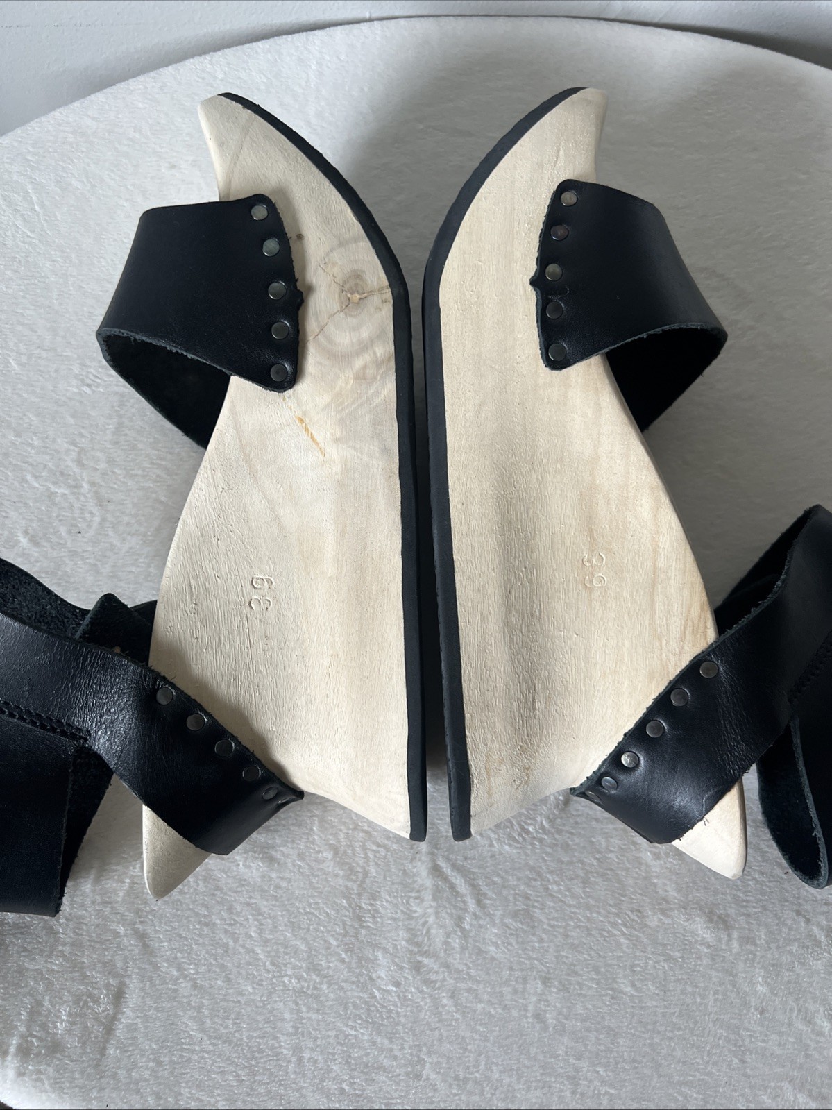 Trippen Ming F Wood Sandals | Black Leather Wooden Heel Modern | Size EU 39