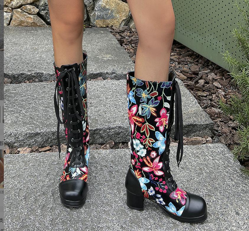 Chic Women’s Floral Printed Pull On Mid Calf Boots Casual Formal Occident Shoes