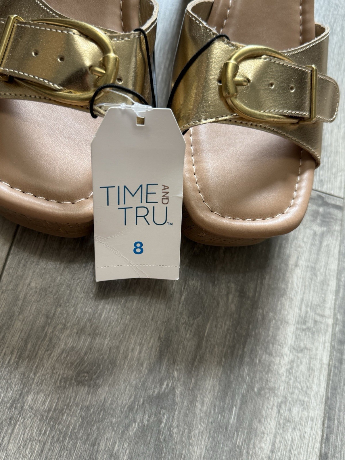 Time and Tru Women’s Gold Tan Studded Buckle Wedge Slide Sandals 8