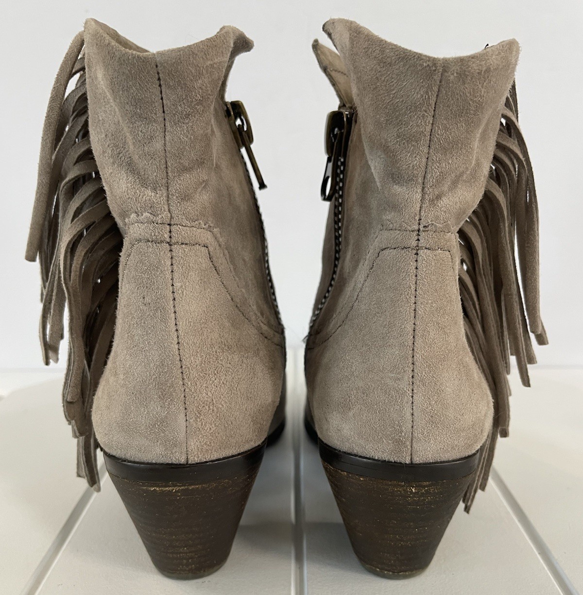 SAM EDELMAN Louie Gray Suede Fringe Ankle Boot Western Zip-up Cowgirl Womens 7 M
