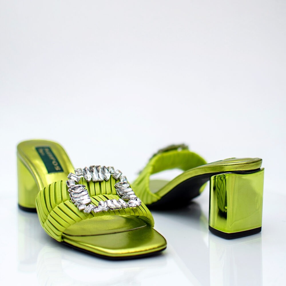 Aihpostyles Women Green Rhinestone Block Heel Mules, Slip-On, Square Toe
