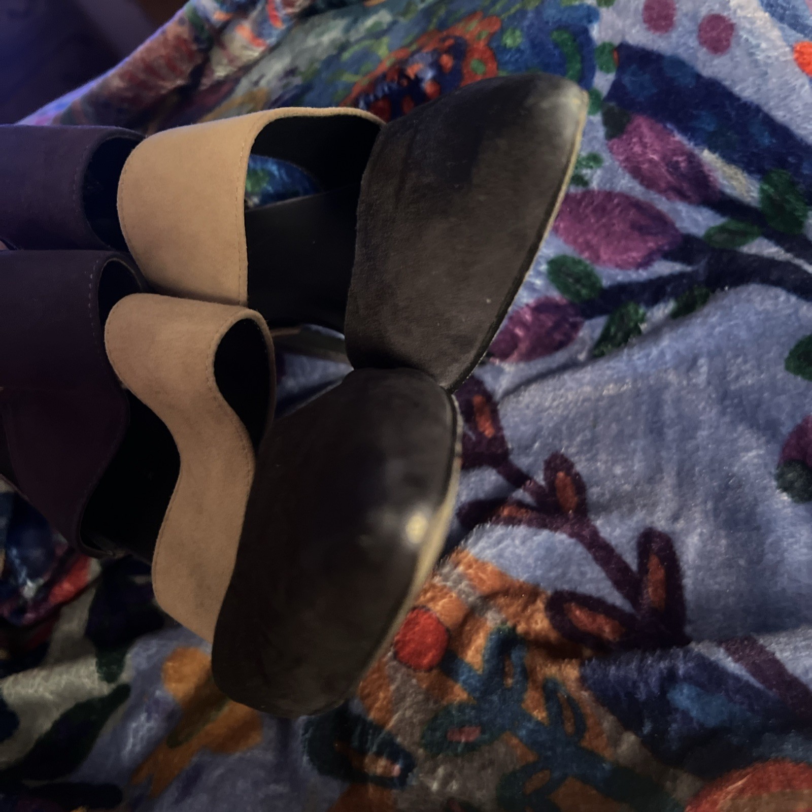 Trina Turk High Heels – Suede Leather Straps Black Blue Tan Zip Size 9.5