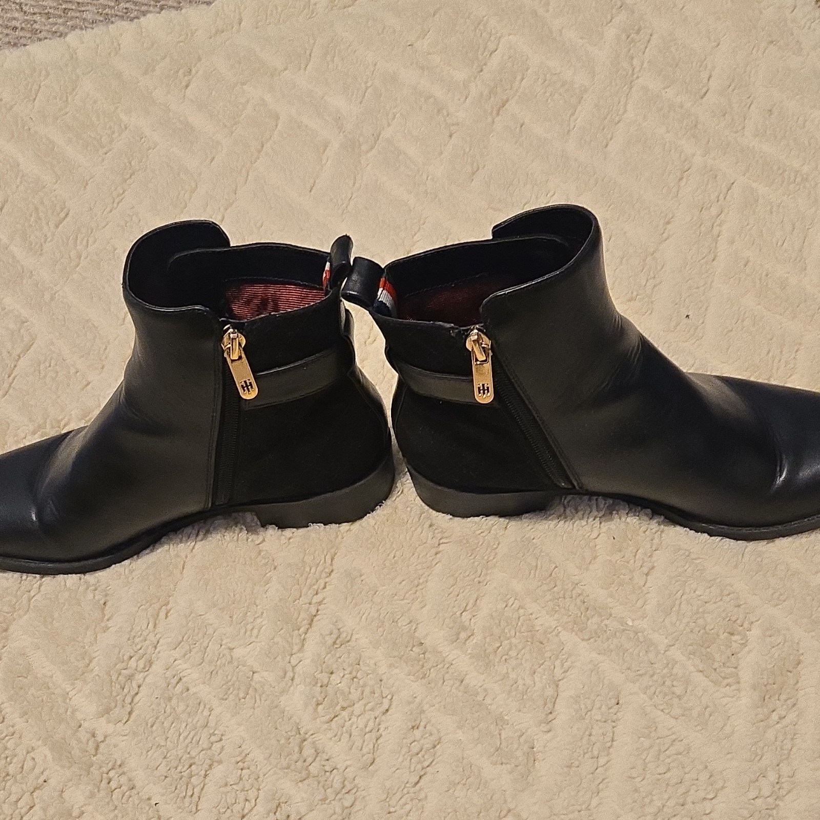 Tommy Hilfiger Black Leather Ankle Bootie with Logo, Zipper & Buckle Accents
