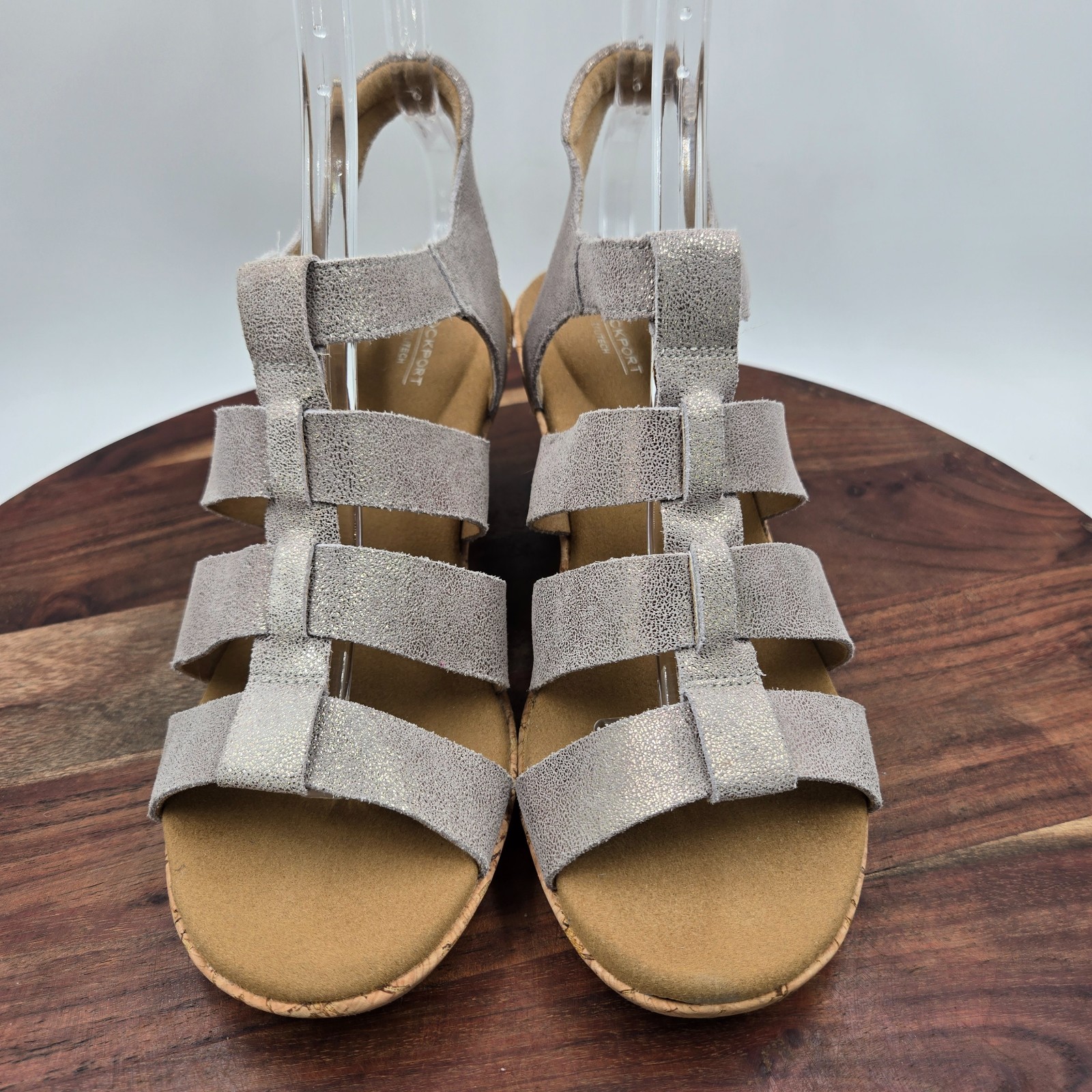 Rockport Briah Sandals Women’s 9M Gray Silver Tan Suede Strappy Gladiator Wedge