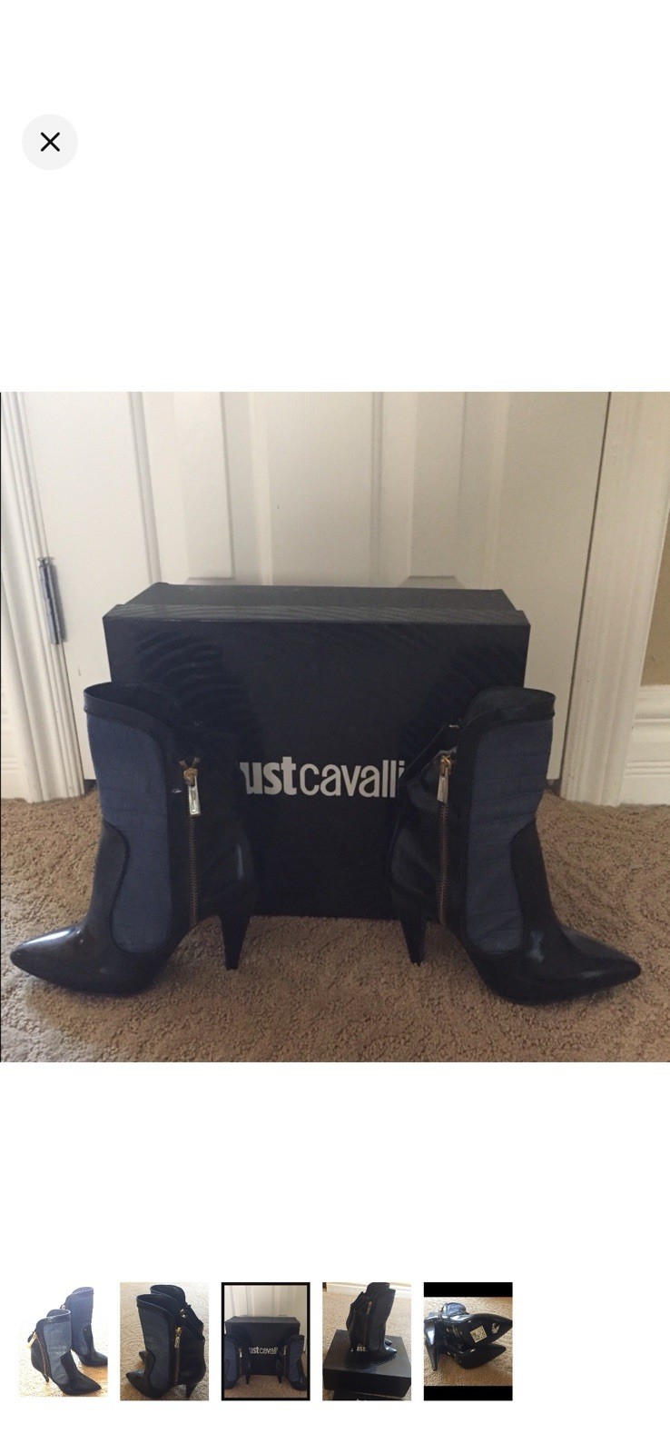 Just Cavalli Black Crocodile Embossed Leather Ankle Bootie with Zipper