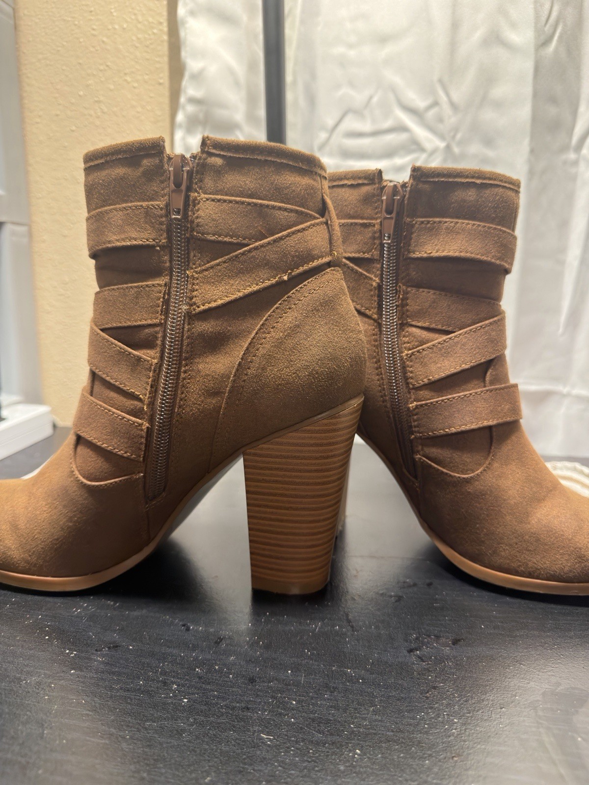 Just Fab brown suede ankle boots with buckle straps and zipper