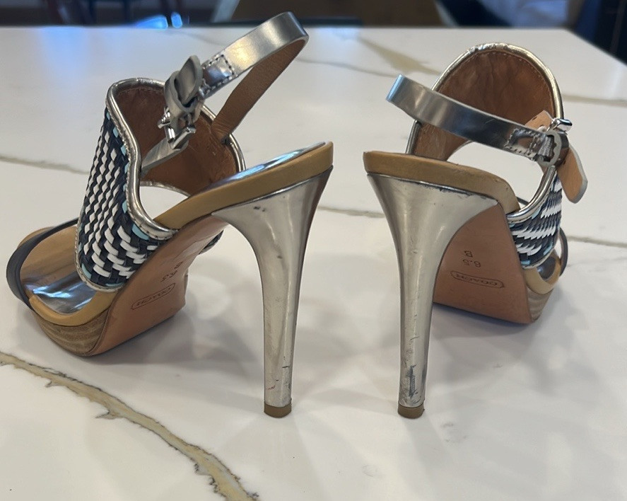 Coach Steffi Blue Tan And Silver Woven Sandals